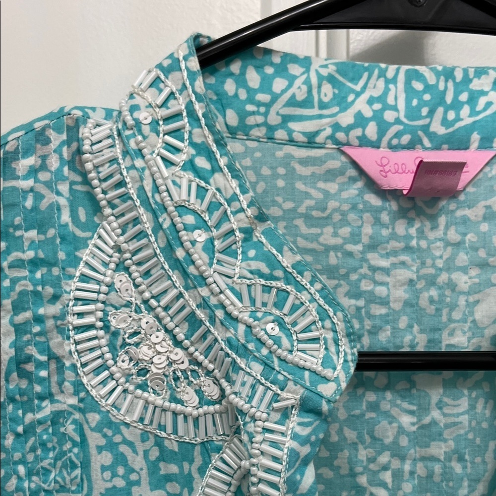 Lilly Pulitzer Sarasota Beaded Turquoise and White Patterned Tunic Top - Sz S - Picture 3 of 16